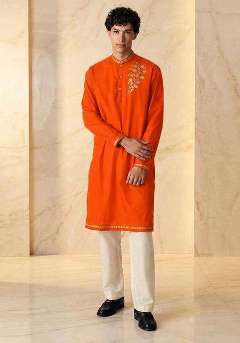 Orange Silk Handwork Kurta Set