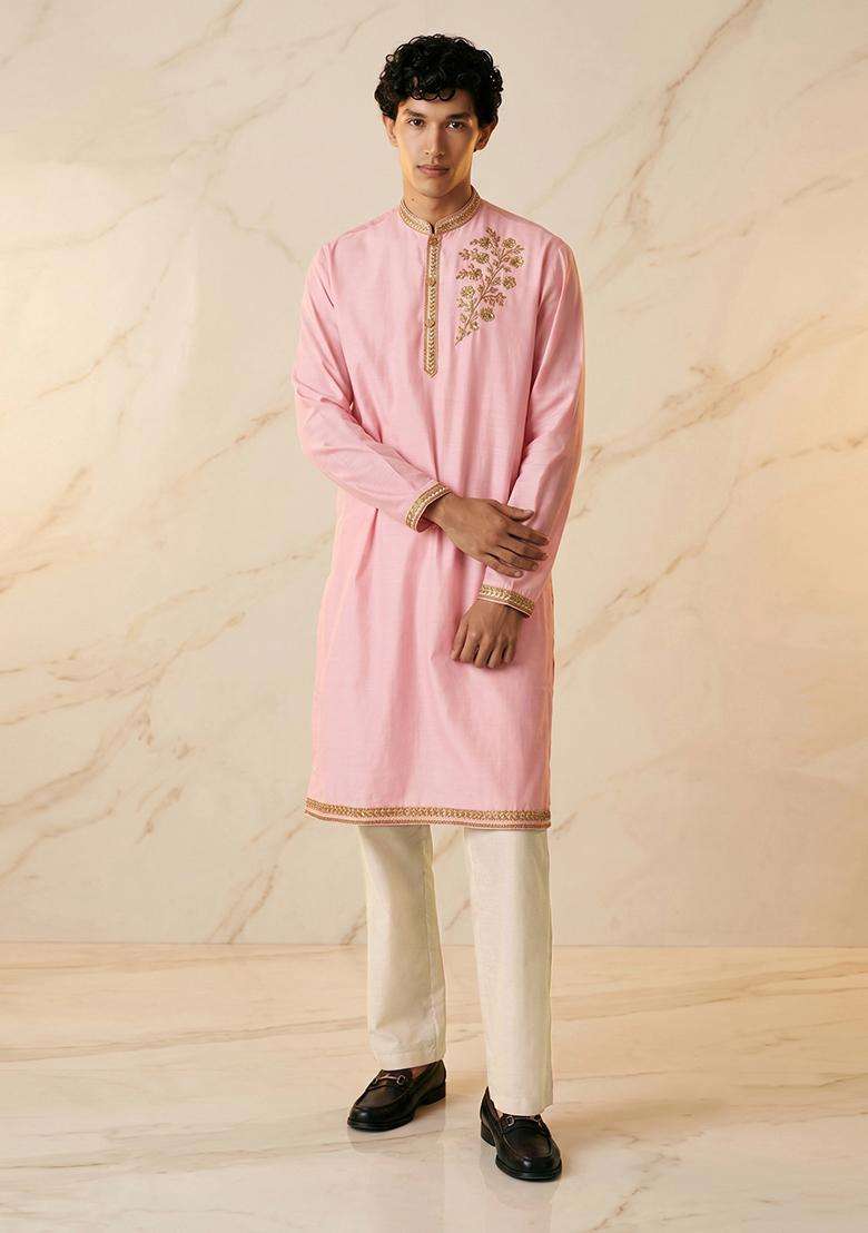 Baby Pink Silk Blend Handwork Kurta Set - Indya
