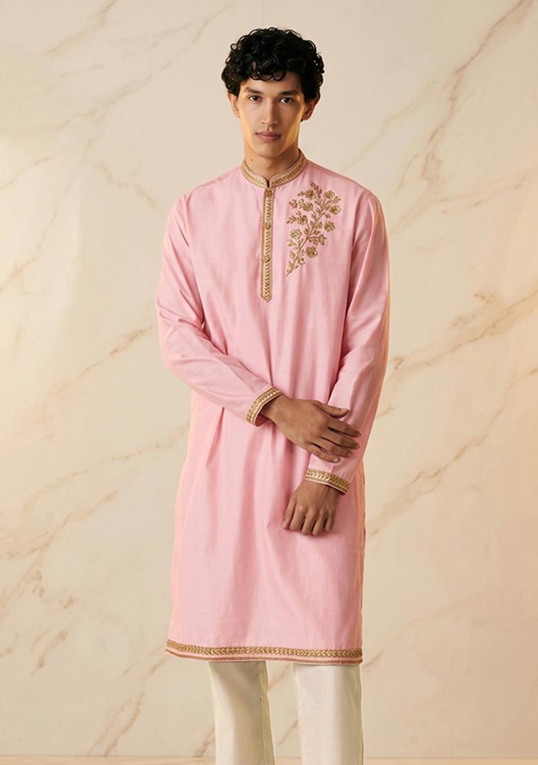 Baby Pink Silk Blend Handwork Kurta Set - Indya