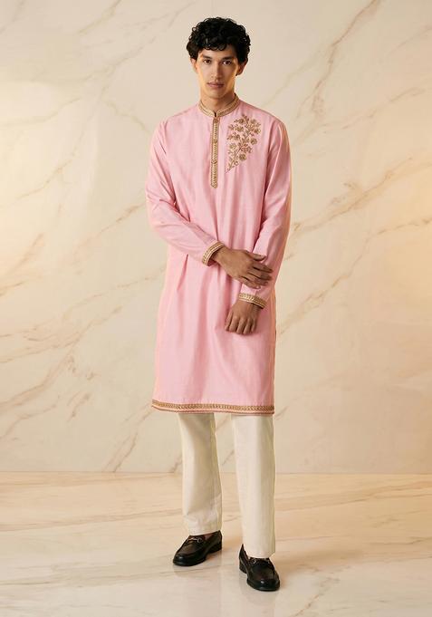 Baby Pink Silk Handwork Kurta Set