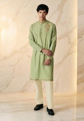 Mint Silk Blend Handwork Kurta Set