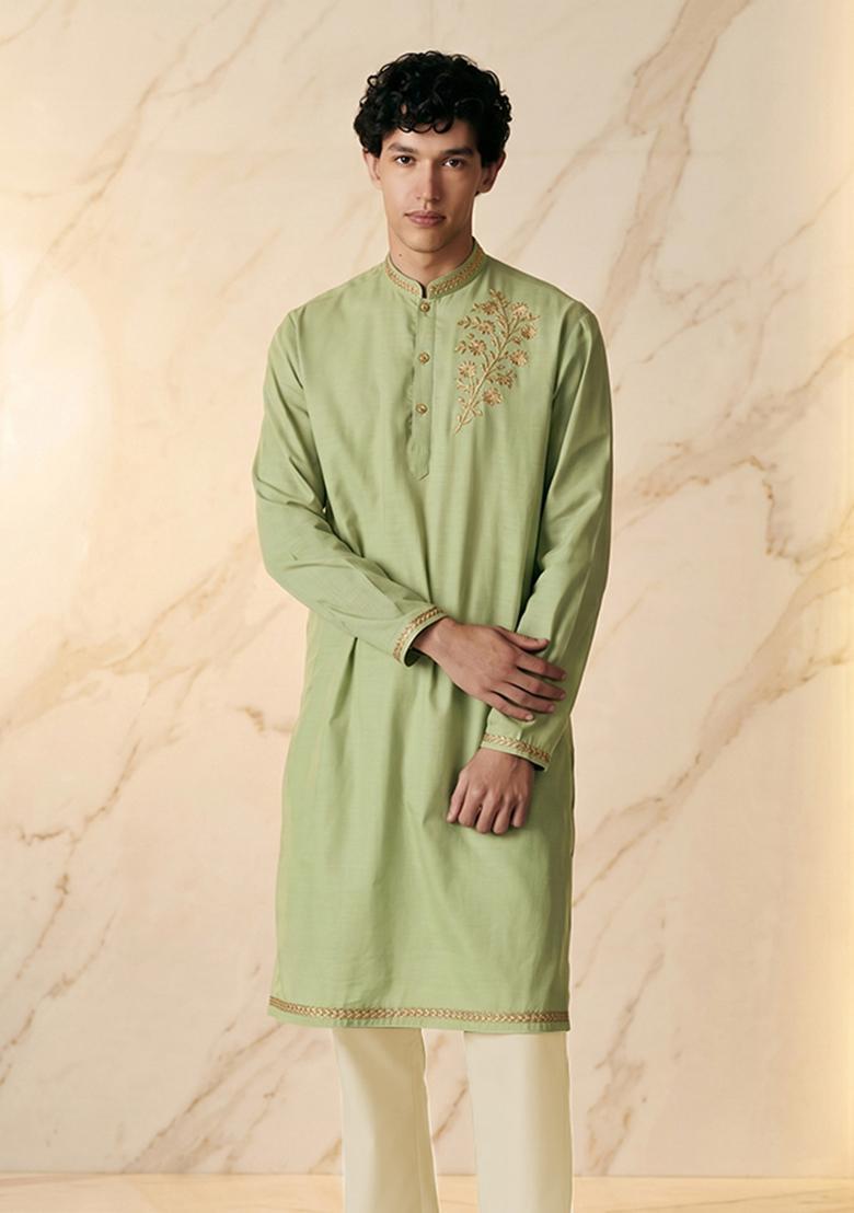 Mint Silk Blend Handwork Kurta Set - Indya