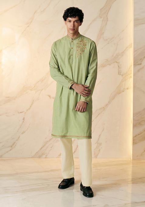 Mint Silk Handwork Kurta Set