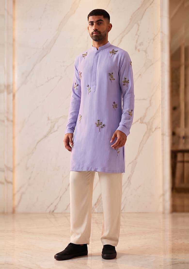 Lilac Satin Handwork Kurta Set - Indya