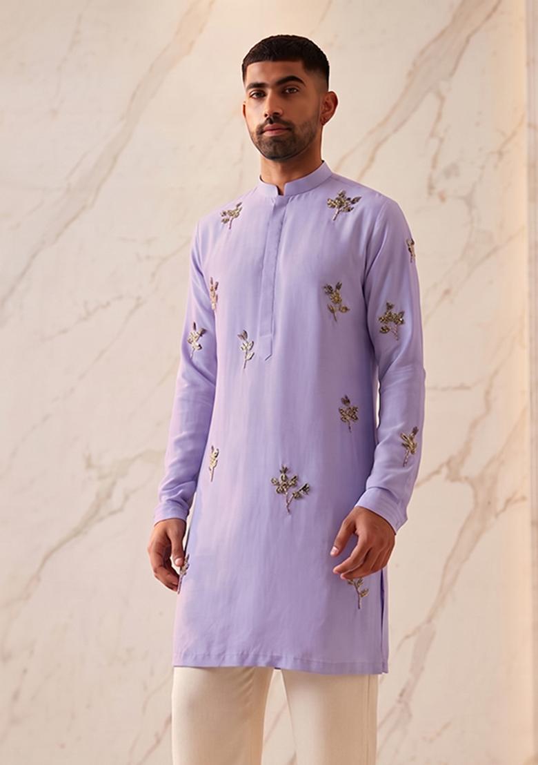 Lilac Satin Handwork Kurta Set - Indya