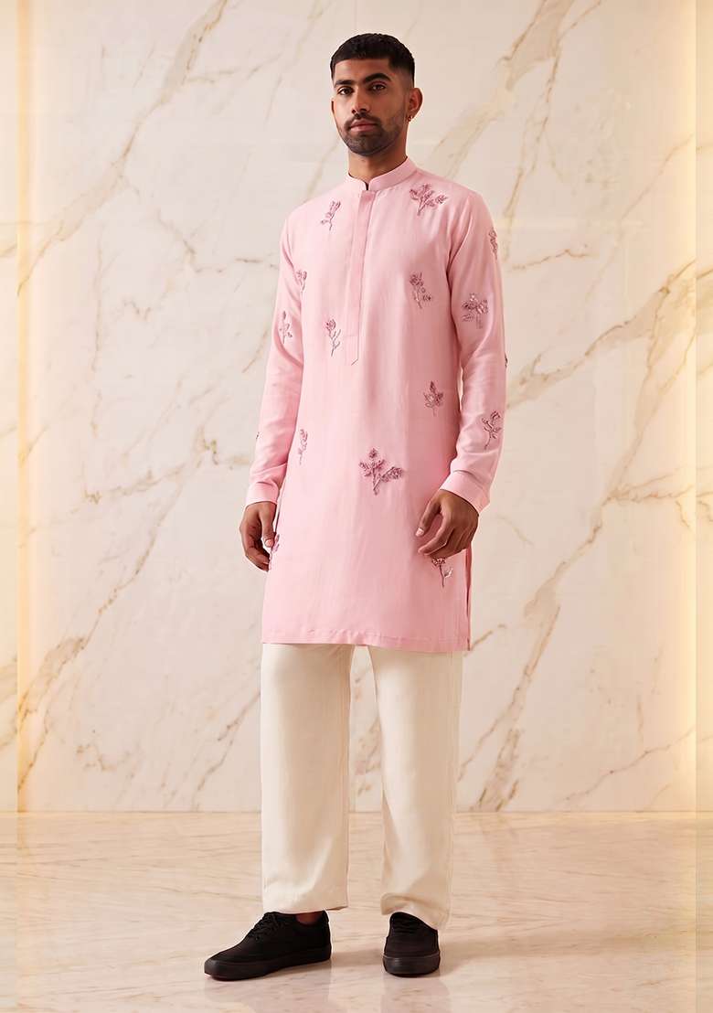 Light Pink Satin Handwork Kurta Set - Indya