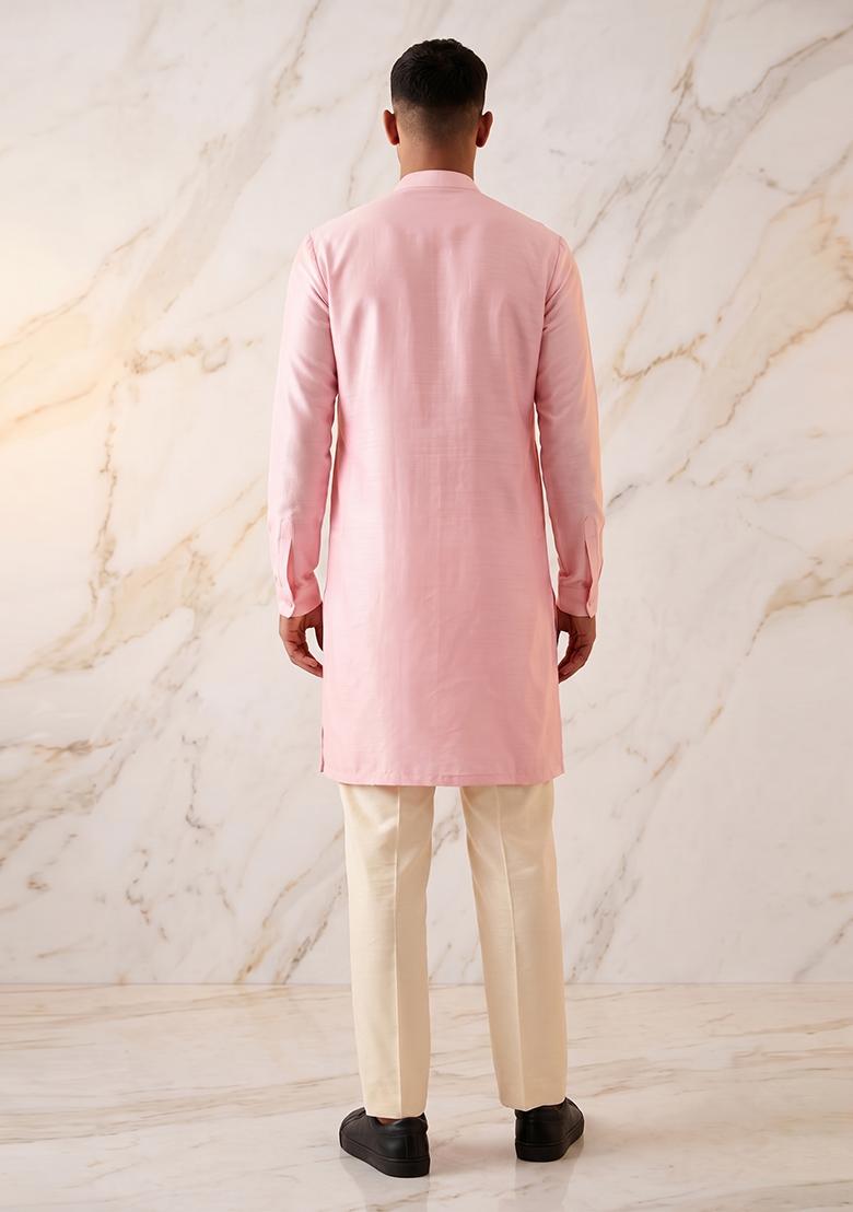 Light Pink Satin Handwork Kurta Set - Indya