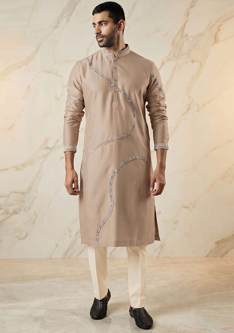 Sand Beige Silk Blend Handwork Kurta Set - Indya