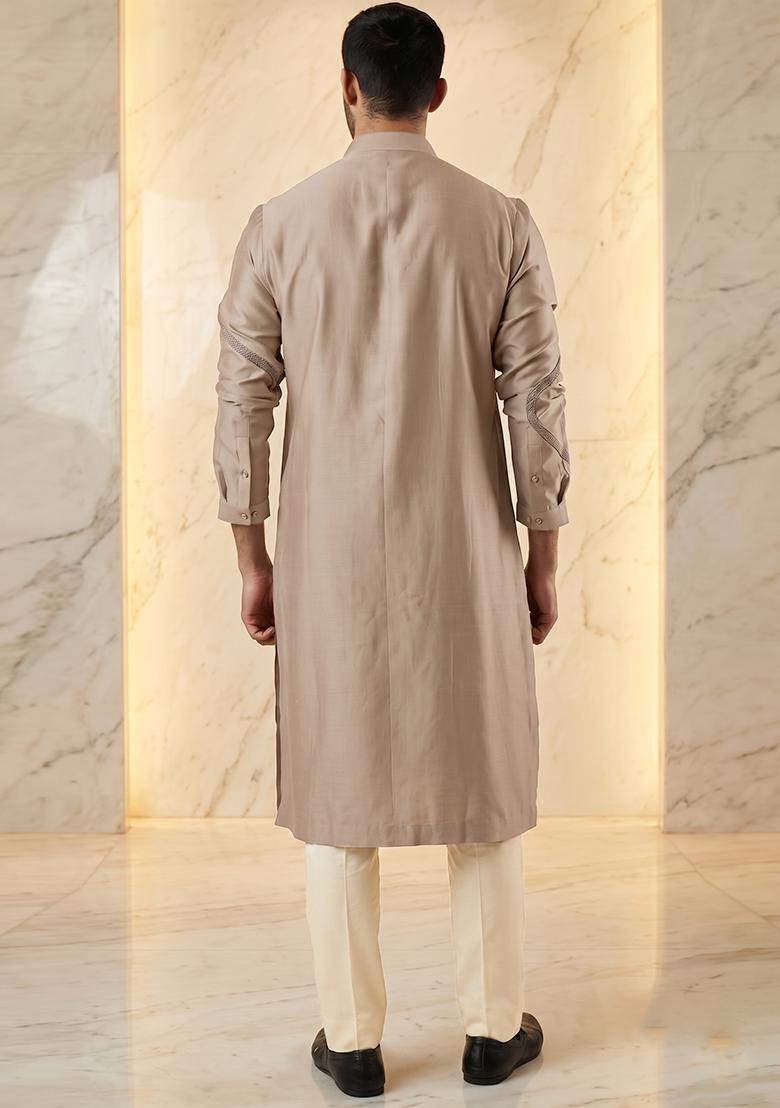 Sand Beige Silk Blend Handwork Kurta Set - Indya