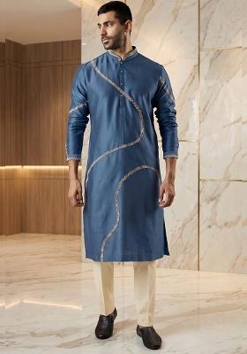 Royal Blue Silk Blend Handwork Kurta Set