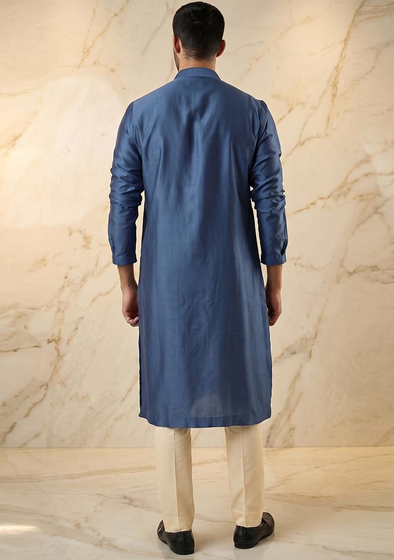 Royal Blue Silk Blend Handwork Kurta Set - Indya