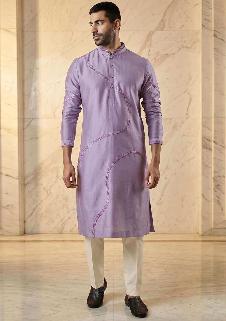 Lilac Silk Blend Handwork Kurta Set - Indya