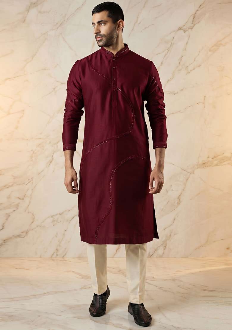 Maroon Silk Blend Handwork Kurta Set - Indya