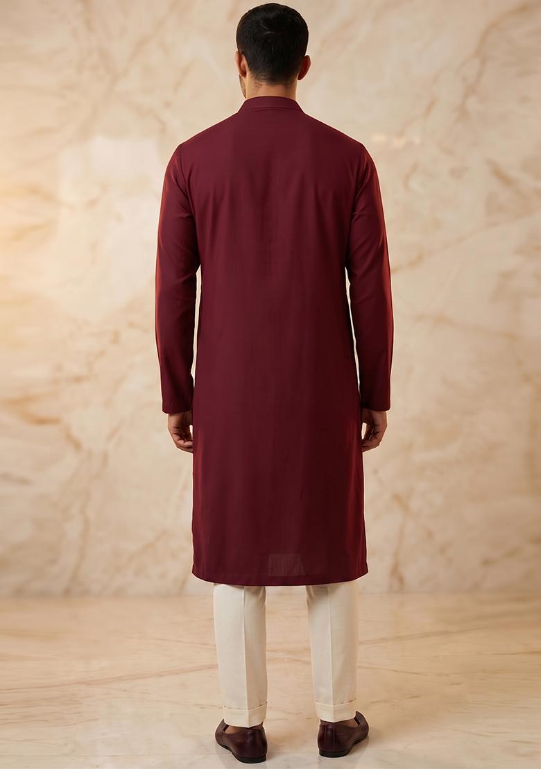 Maroon Silk Blend Handwork Kurta Set - Indya