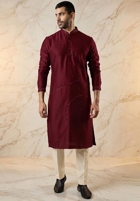 Maroon Silk Handwork Kurta Set