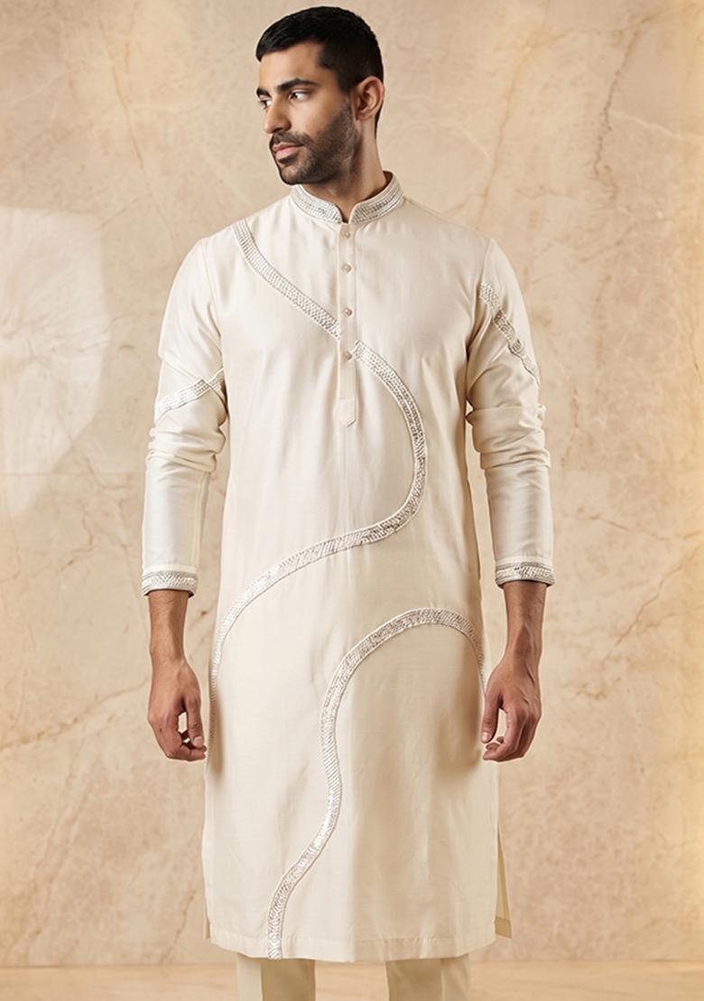 Off White Silk Blend Handwork Kurta Set - Indya