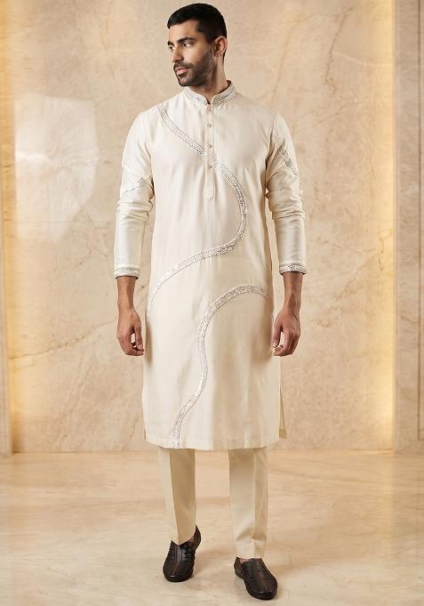Off White Silk Handwork Kurta Set