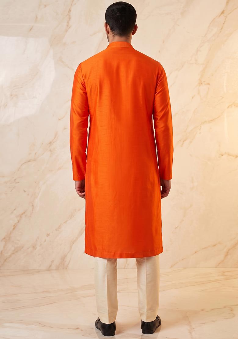 Orange Silk Blend Handwork Kurta Set - Indya