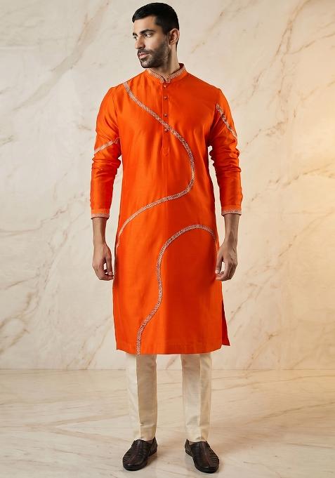 Orange Silk Handwork Kurta Set