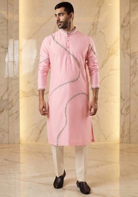 Baby Pink Silk Blend Handwork Kurta Set