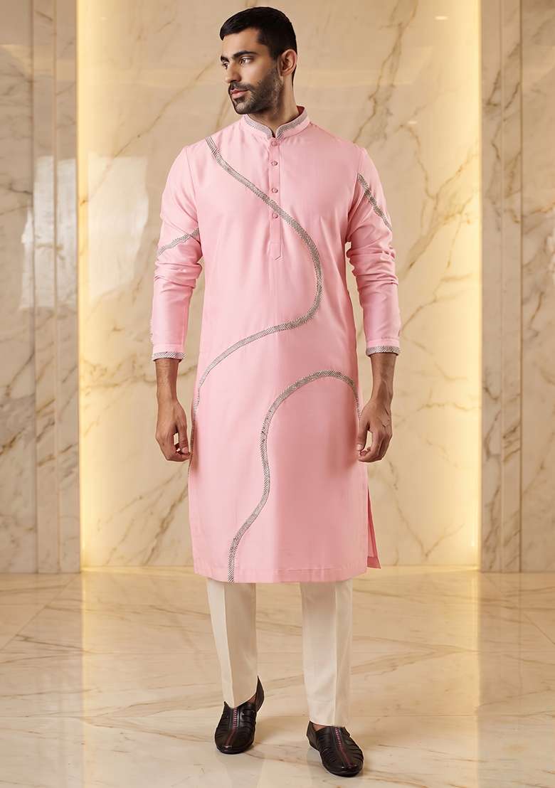 Baby Pink Silk Blend Handwork Kurta Set - Indya