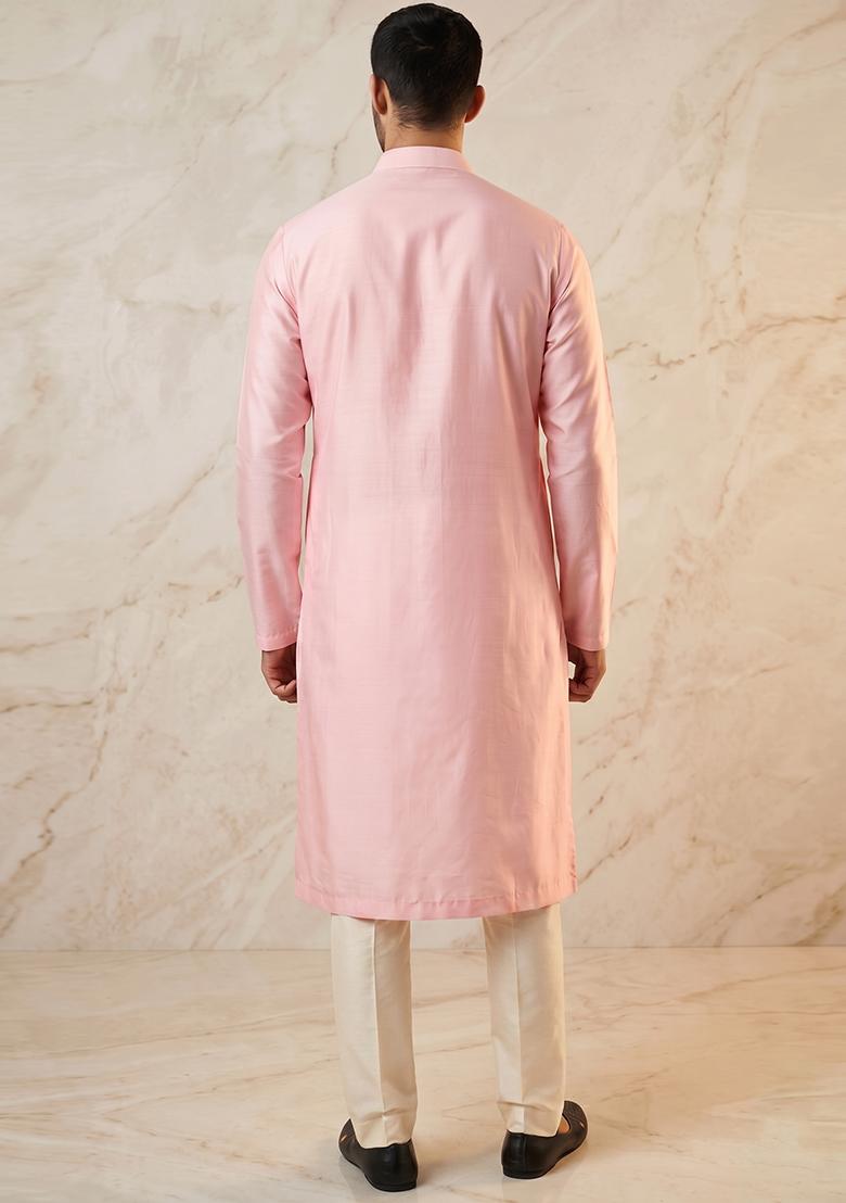 Baby Pink Silk Blend Handwork Kurta Set - Indya