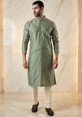 Olive Green Silk Blend Handwork Kurta Set