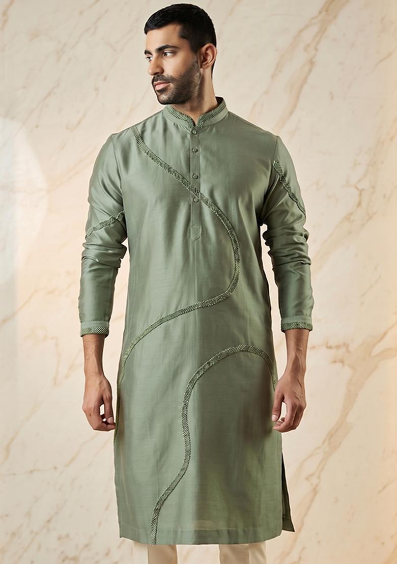 Olive Green Silk Blend Handwork Kurta Set - Indya