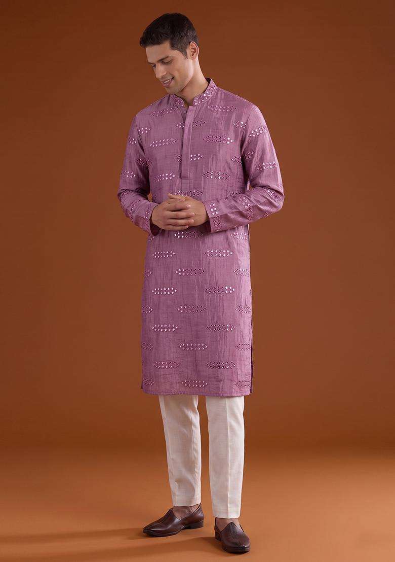 Mauve Sequin Kurta Set For Men - Indya