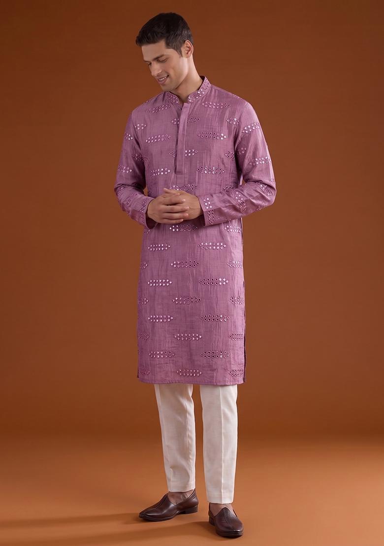 Mauve Sequin Kurta Set For Men - Indya