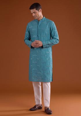 Teal Sequin Silk Blend Kurta Set For Men