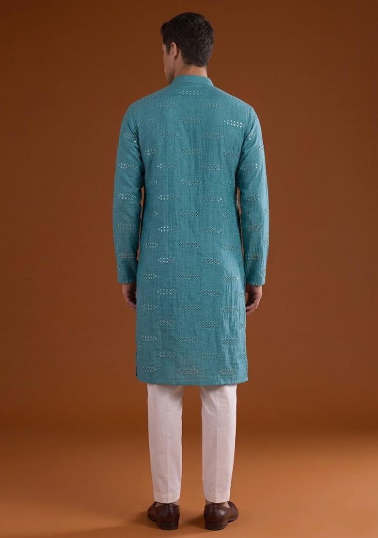 Teal Sequin Silk Blend Kurta Set For Men - Indya