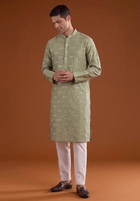 Sage Green Sequin Silk Blend Kurta Set For Men
