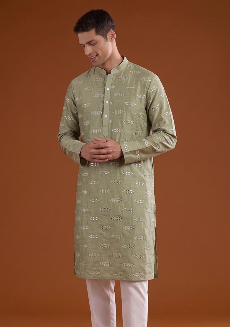 Sage Green Sequin Silk Blend Kurta Set For Men - Indya