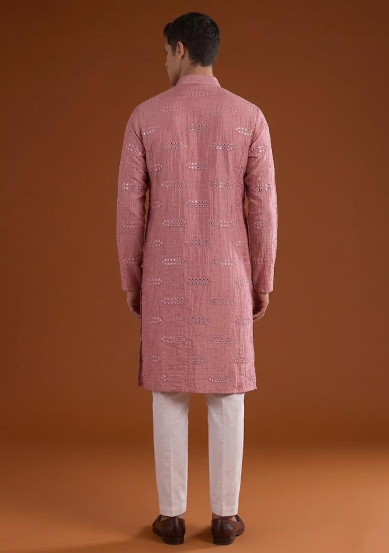 Light Pink Sequin Silk Blend Kurta Set For Men - Indya