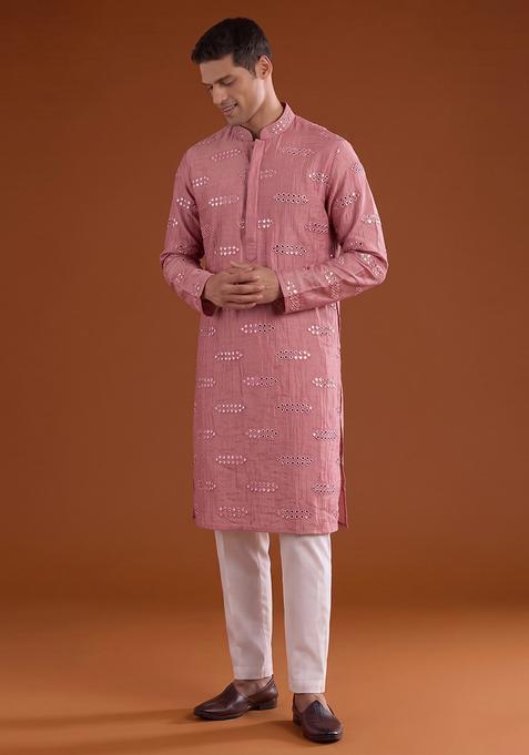 Light Pink Sequin Silk Kurta Set For Men