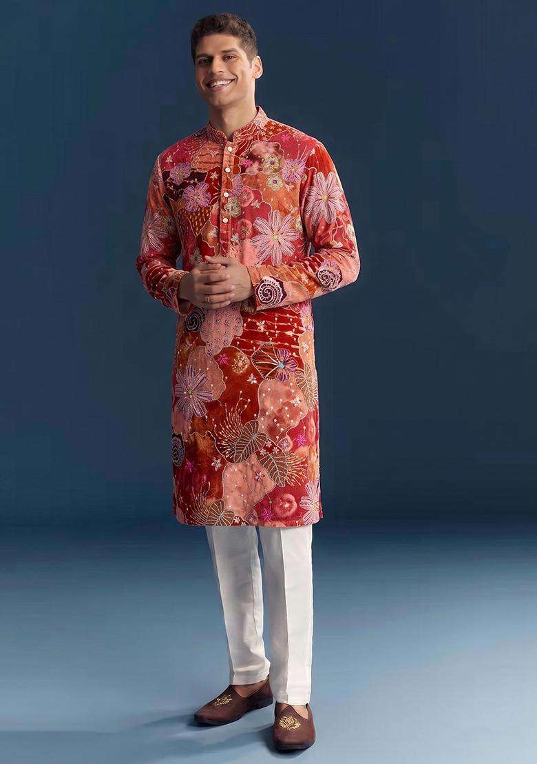 Red Printed Crepe Kurta Set For Men - Indya