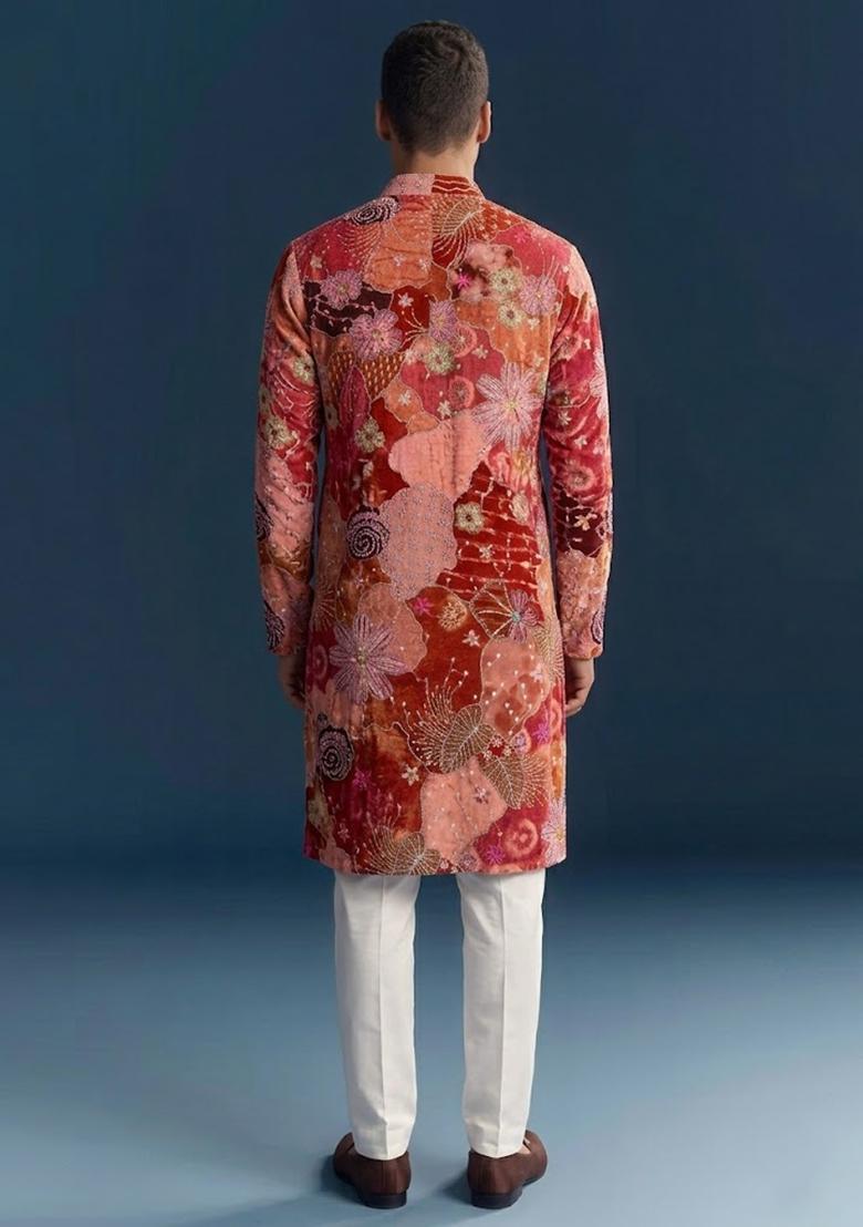 Red Printed Crepe Kurta Set For Men - Indya