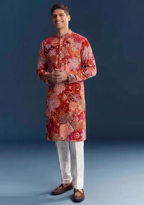 Red Printed Crepe Kurta Set For Men