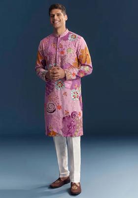 Pink Printed Crepe Kurta Set For Men