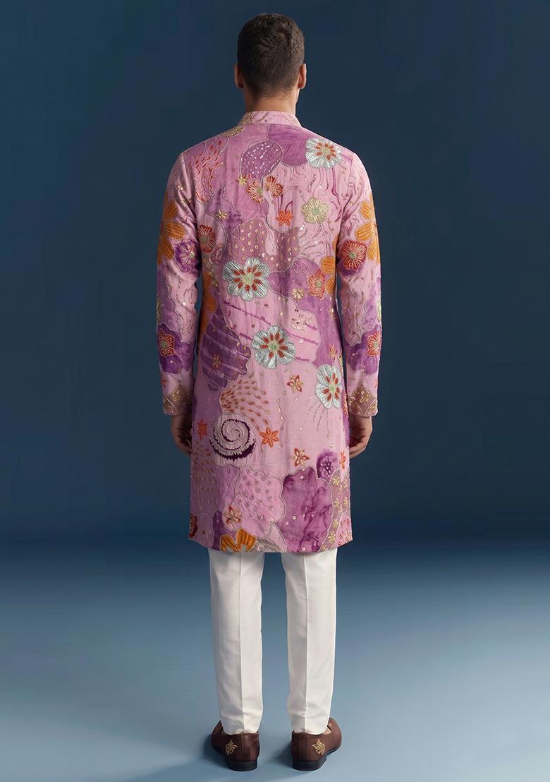 Pink Printed Crepe Kurta Set For Men - Indya