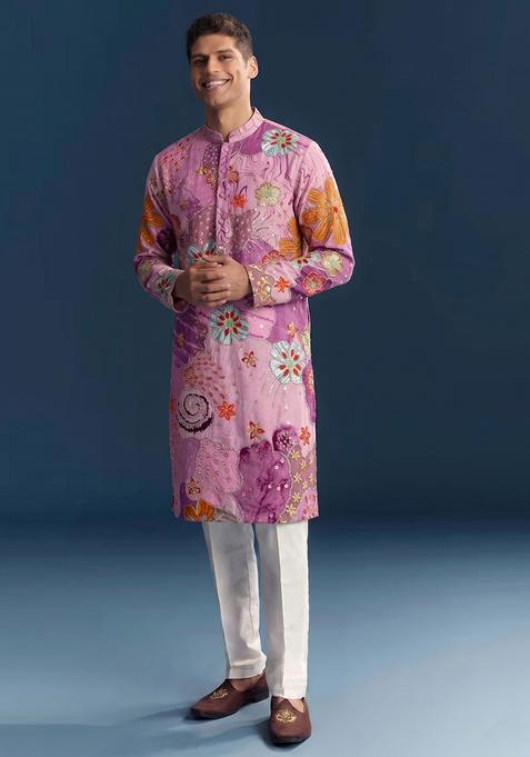 Pink Printed Crepe Kurta Set For Men