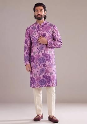 Lavender Printed Silk Blend Kurta Set For Men