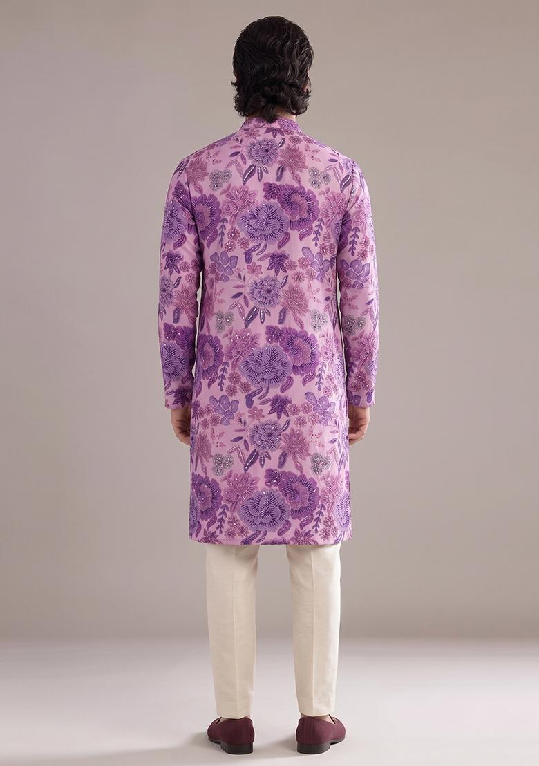 Lavender Printed Silk Blend Kurta Set For Men - Indya