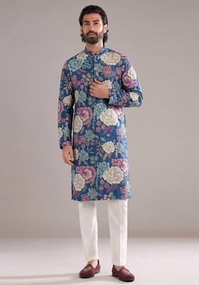 Steel Blue Printed Silk Blend Kurta Set For Men