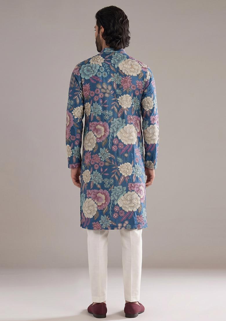 Steel Blue Printed Silk Blend Kurta Set For Men - Indya