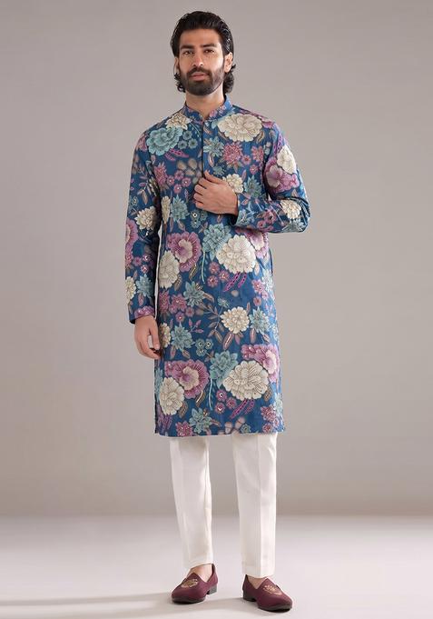 Steel Blue Printed Silk Kurta Set For Men