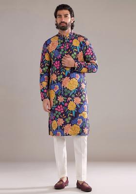 Deep Purple Printed Silk Blend Kurta Set For Men