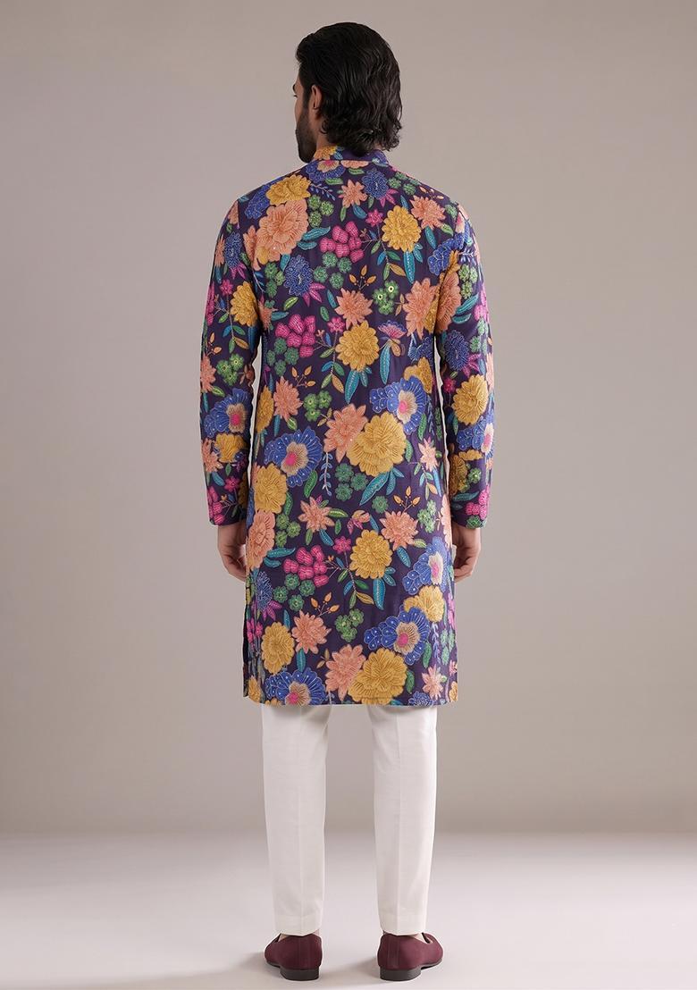 Deep Purple Printed Silk Blend Kurta Set For Men - Indya