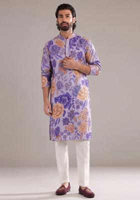 Lavender Printed Silk Blend Kurta Set For Men